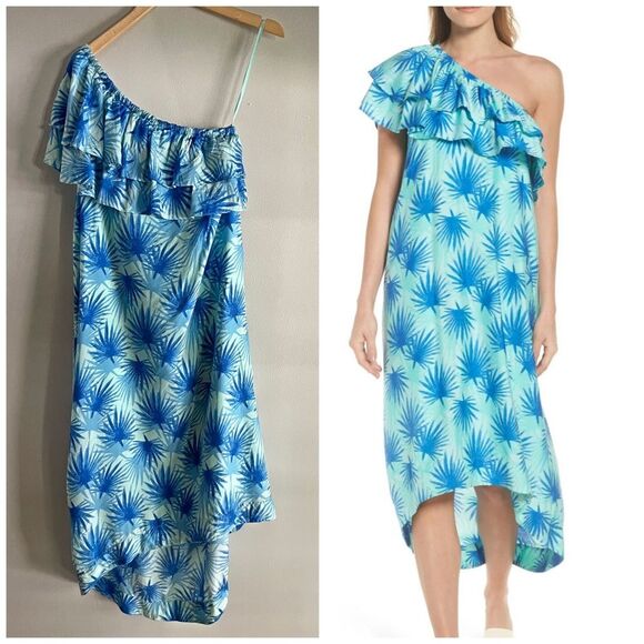 VINEYARD VINES Palm Leaf One Shoulder Ruffle Midi Dress | Size 2 Blue Turquoise - Picture 1 of 8